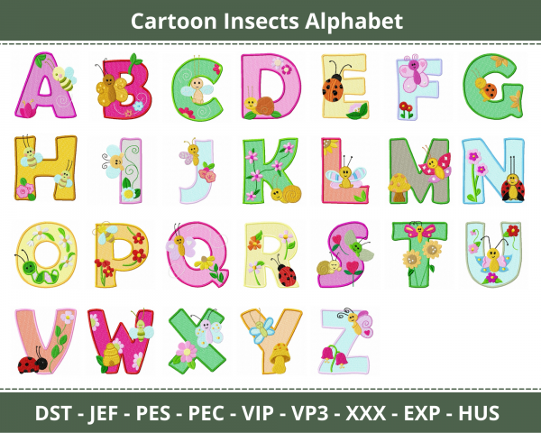 Cartoon Insects Alphabet Embroidery Font Design