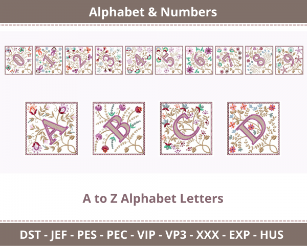 Square Alphabet & Numbers Embroidery font Design