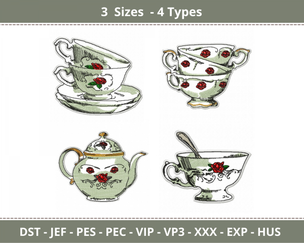 Cup & Kettle Machine Embroidery Designs-3 Sizes-4 Types-instant download