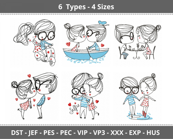 Cute Couple Machine Embroidery Designs-4 Sizes-6 Types-instant download