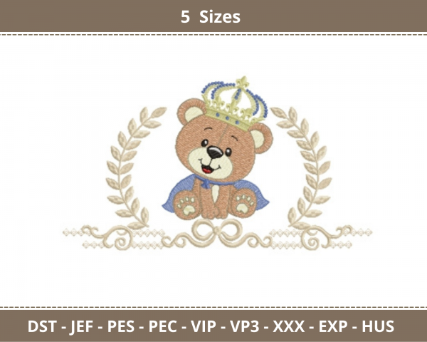 Teddy With Crown Machine Embroidery Designs-5 Sizes-instant download