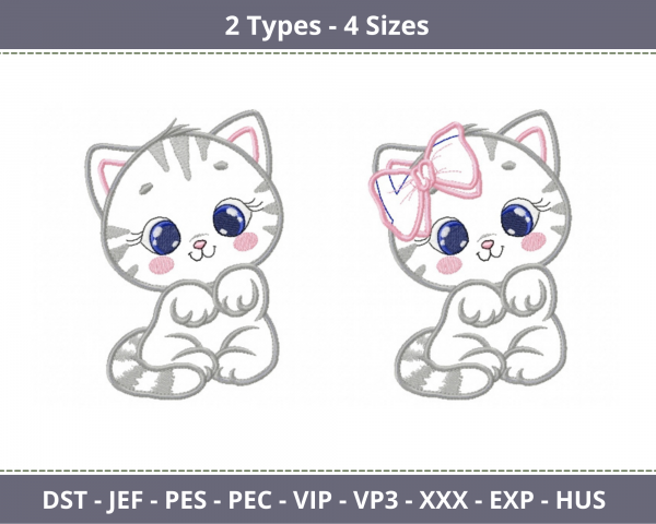 Cute Cat Machine Embroidery Designs-4 Sizes-2 Types-instant download