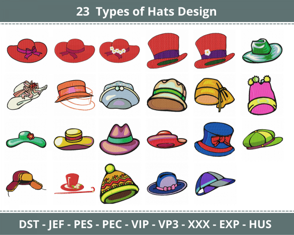 Hats Machine Embroidery Designs-1 Size-23 Types-instant download