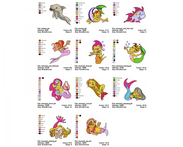 Mermaid Machine Embroidery Designs-1 Size-11 Types-instant download