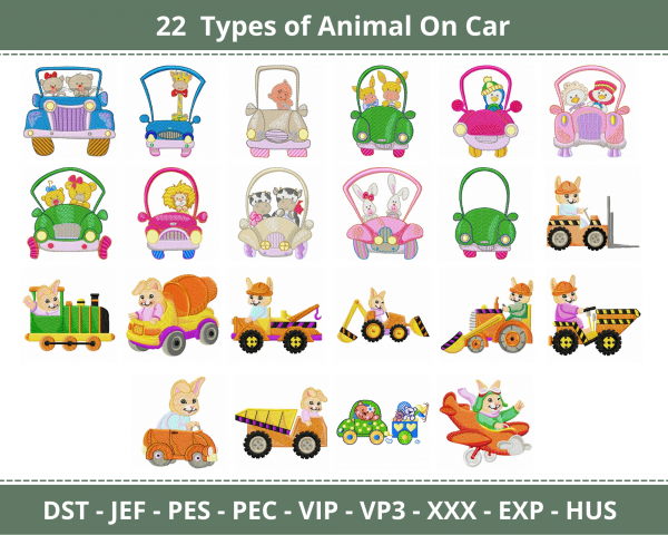 Animal On Car Machine Embroidery Designs-1 Size-22 Types-instant download