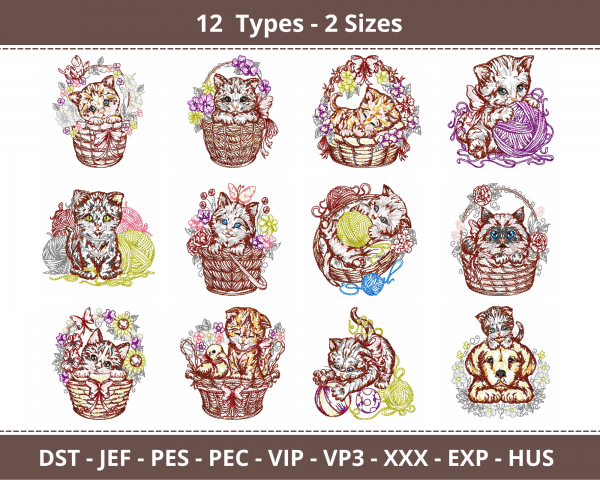 Cute Cat Machine Embroidery Designs-2 Sizes-12 Types-instant download