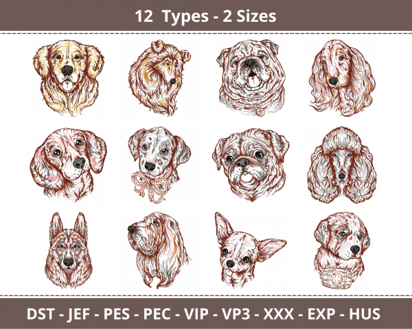 Dog Portraits Machine Embroidery Designs-2 Sizes-12 Types-instant download