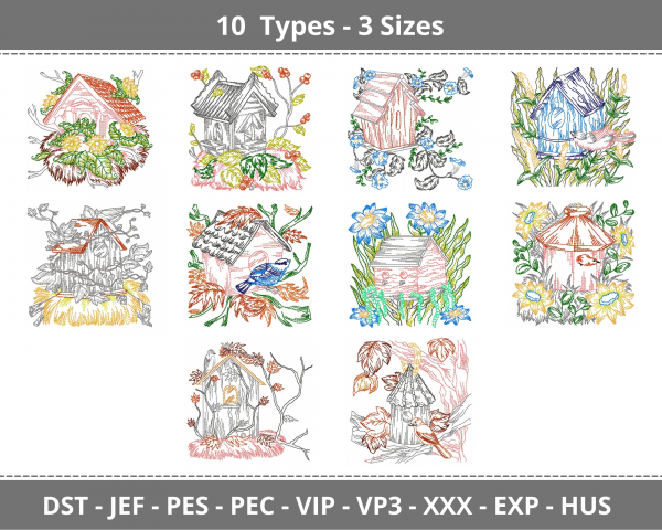 Bird House Machine Embroidery Designs-3 Sizes-10 Types-instant download
