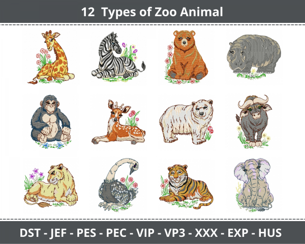 Zoo Animal Machine Embroidery Designs-1 Size-12 Types-instant download
