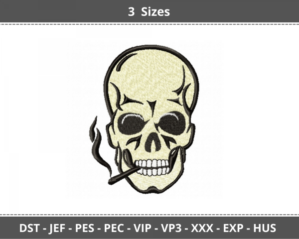 Skull With Cigar Machine Embroidery Designs-3 Sizes-instant download