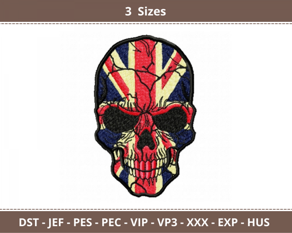 Skull With UK Flag Machine Embroidery Designs-3 Sizes-instant download