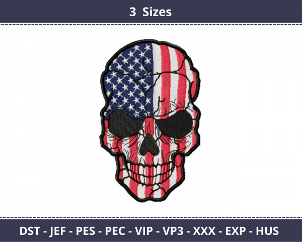 Skull With USA Flag Machine Embroidery Designs-3 Sizes-instant download