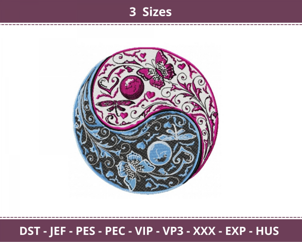 Yin Yang with butterflies Machine Embroidery Designs-3 Sizes-instant download