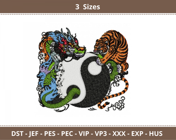 Yin Yang with Tiger and dragon Machine Embroidery Designs-3 Sizes-instant download