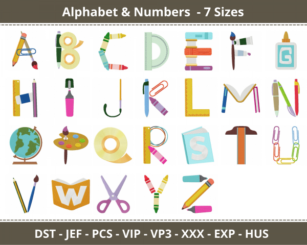 School Supplies Alphabet & Numbers Machine Embroidery Designs