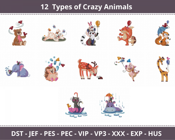 Crazy Animal Machine Embroidery Designs-1 Size-12 Types-instant download