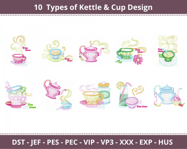 Kettle & Cup Machine Embroidery Designs-1 Size-10 Types-instant download