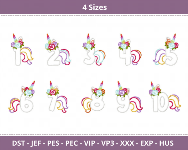Unicorn Numbers Machine Embroidery Designs-4 Sizes-1 to 10 Numbers-instant download